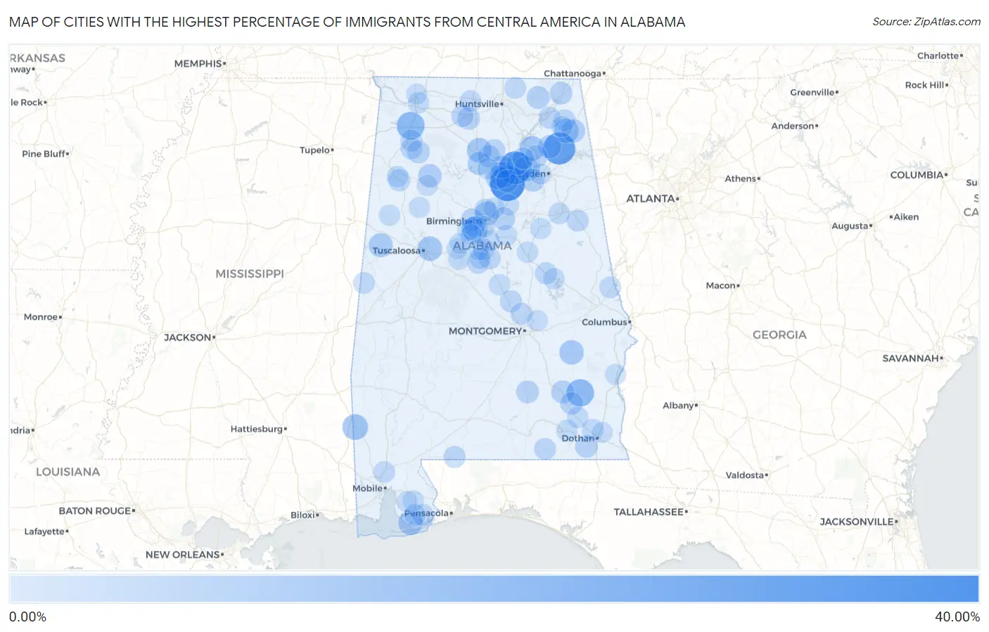 Cities with the Highest Percentage of Immigrants from Central America in Alabama Map