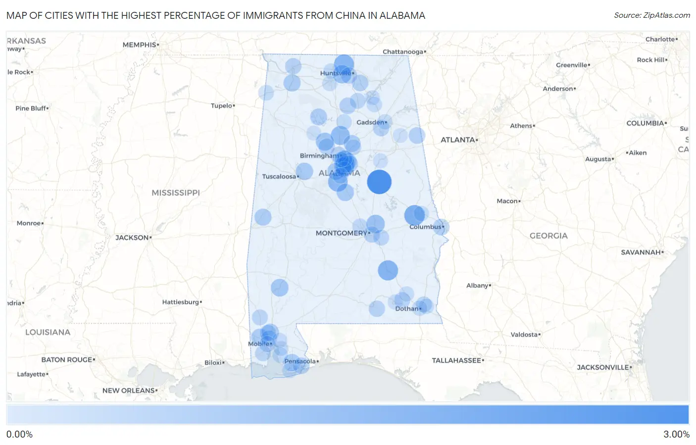 Cities with the Highest Percentage of Immigrants from China in Alabama Map