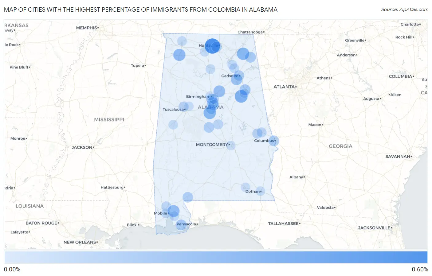 Cities with the Highest Percentage of Immigrants from Colombia in Alabama Map