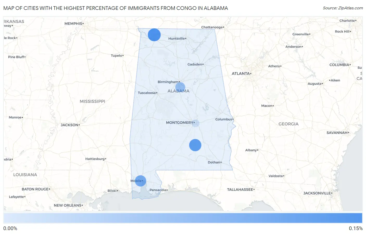 Cities with the Highest Percentage of Immigrants from Congo in Alabama Map