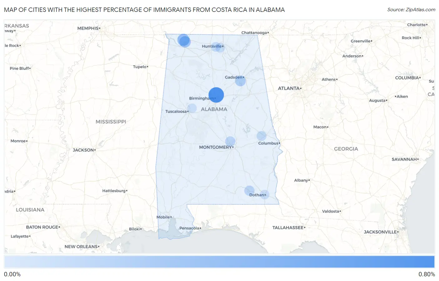 Cities with the Highest Percentage of Immigrants from Costa Rica in Alabama Map