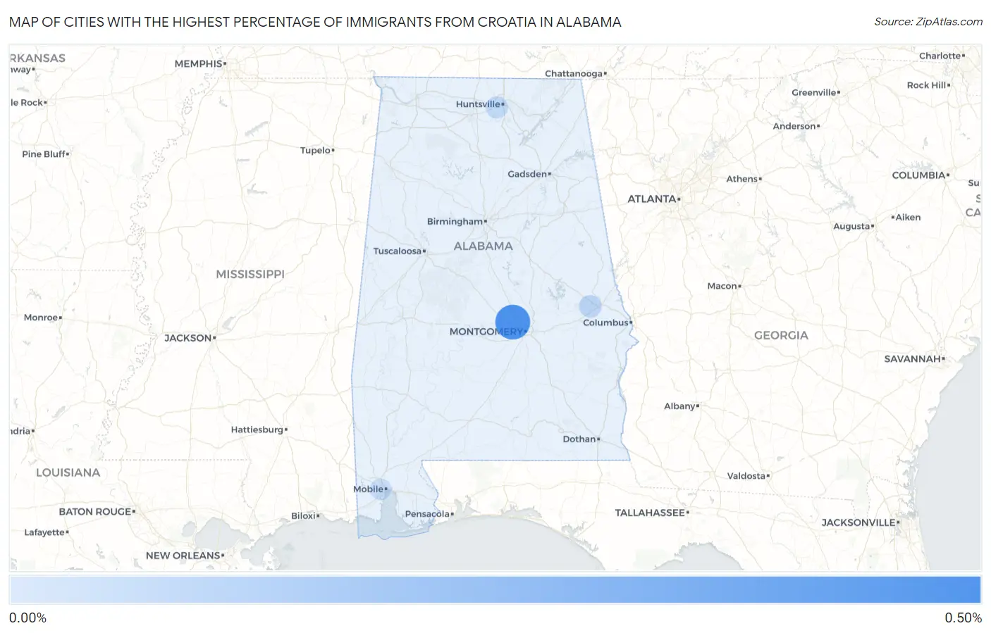 Cities with the Highest Percentage of Immigrants from Croatia in Alabama Map