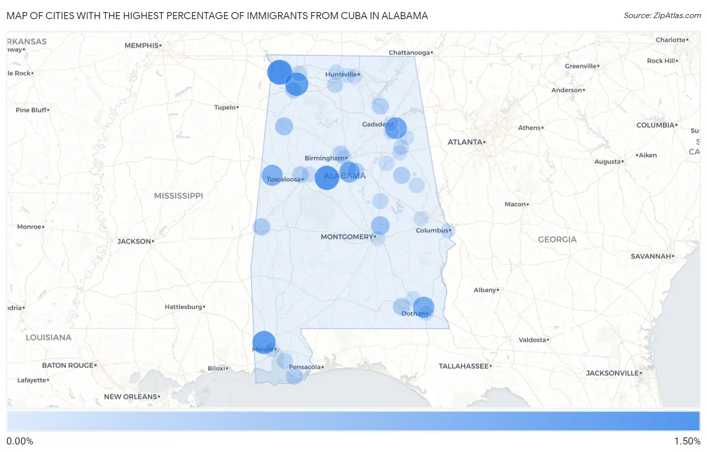 Cities with the Highest Percentage of Immigrants from Cuba in Alabama Map