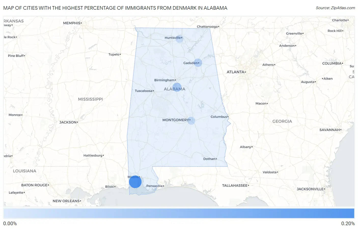Cities with the Highest Percentage of Immigrants from Denmark in Alabama Map