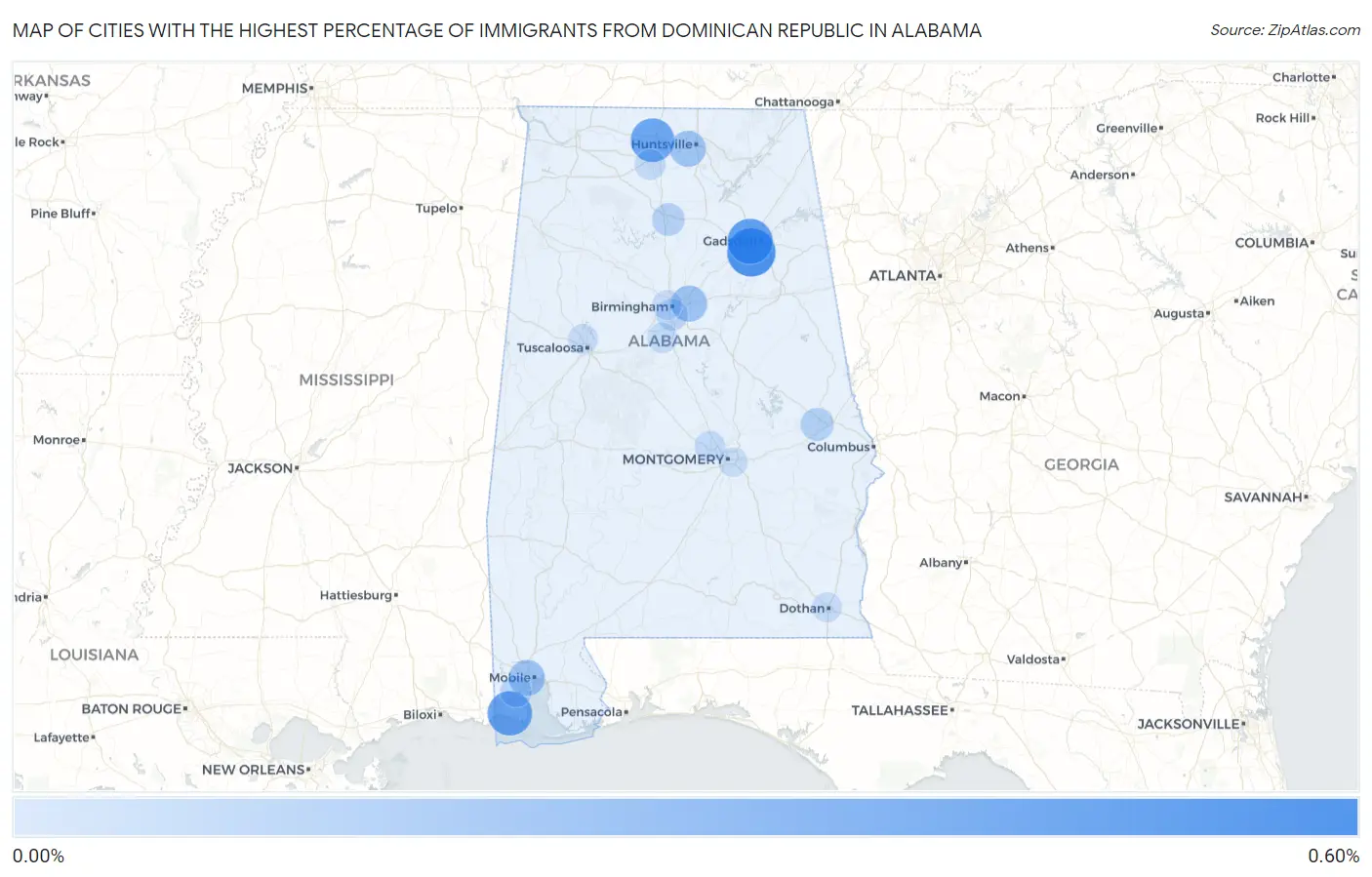 Cities with the Highest Percentage of Immigrants from Dominican Republic in Alabama Map