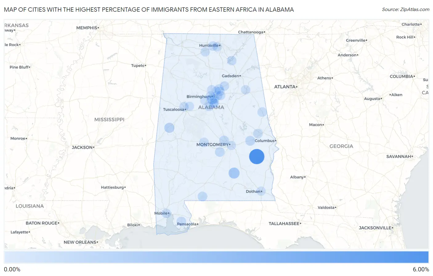 Cities with the Highest Percentage of Immigrants from Eastern Africa in Alabama Map
