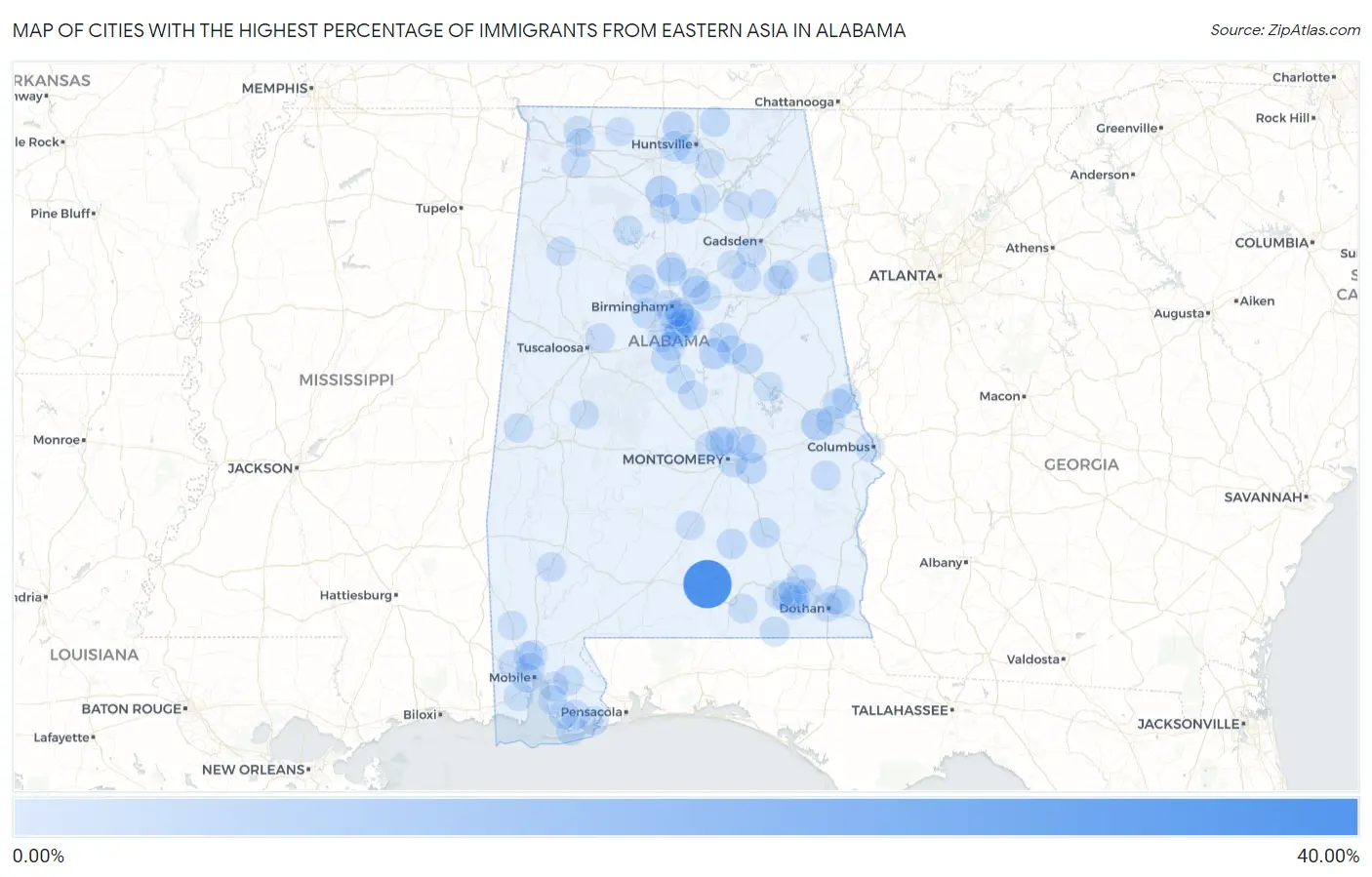 Cities with the Highest Percentage of Immigrants from Eastern Asia in Alabama Map