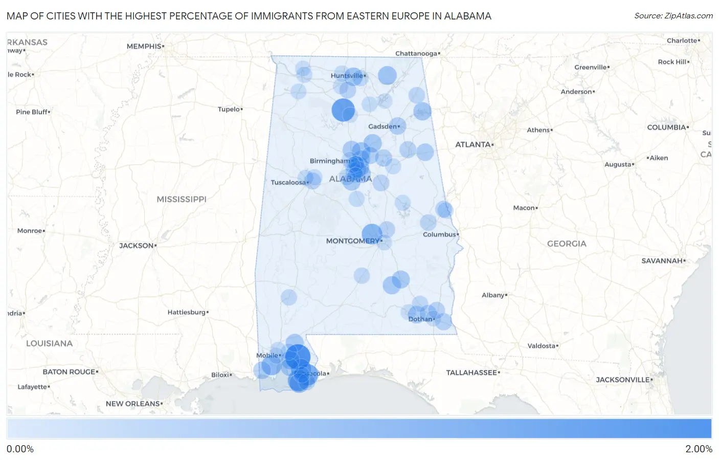 Cities with the Highest Percentage of Immigrants from Eastern Europe in Alabama Map