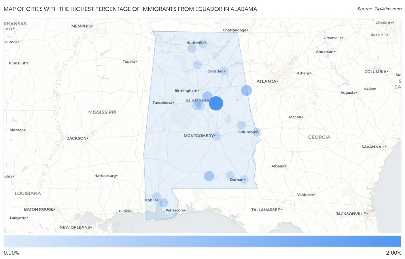 Cities with the Highest Percentage of Immigrants from Ecuador in Alabama Map