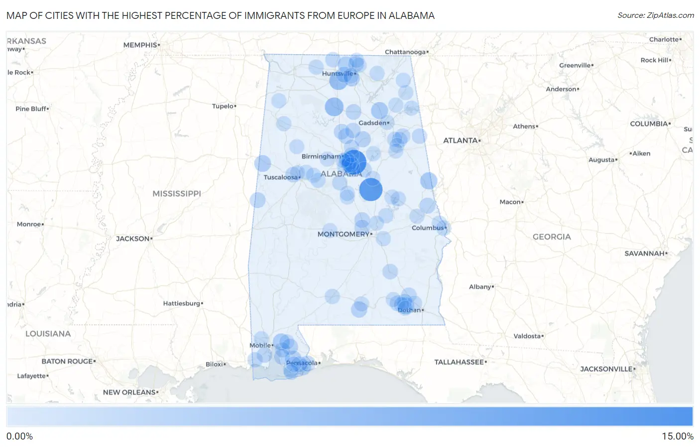 Cities with the Highest Percentage of Immigrants from Europe in Alabama Map