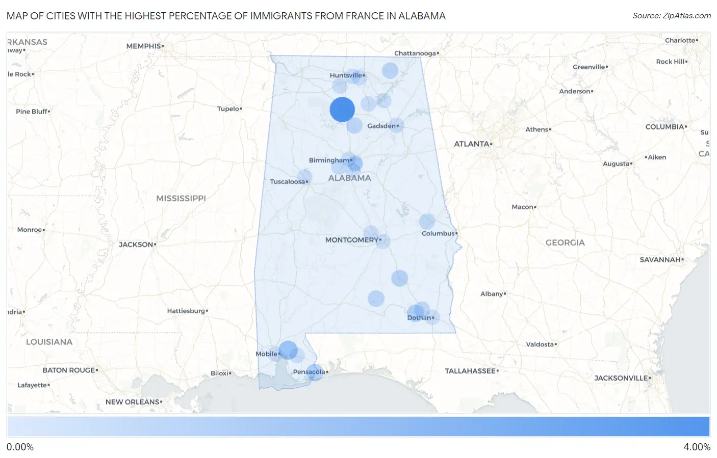 Cities with the Highest Percentage of Immigrants from France in Alabama Map