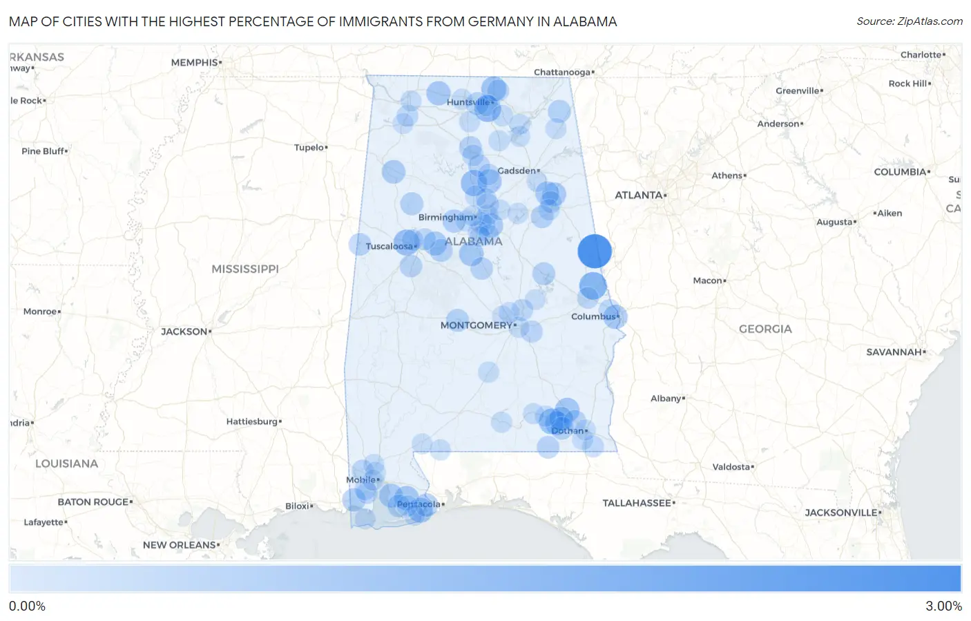 Cities with the Highest Percentage of Immigrants from Germany in Alabama Map