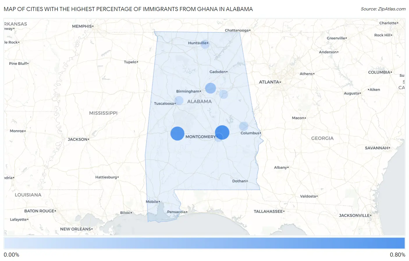 Cities with the Highest Percentage of Immigrants from Ghana in Alabama Map