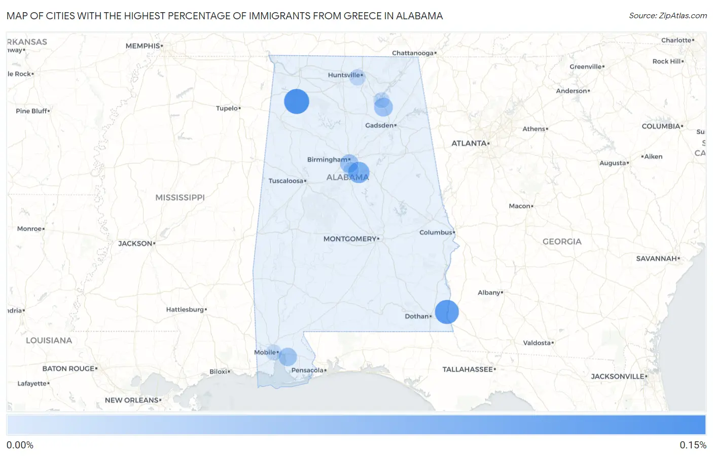 Cities with the Highest Percentage of Immigrants from Greece in Alabama Map