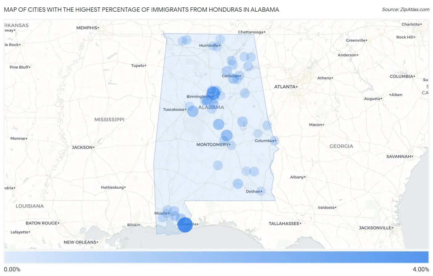 Cities with the Highest Percentage of Immigrants from Honduras in Alabama Map