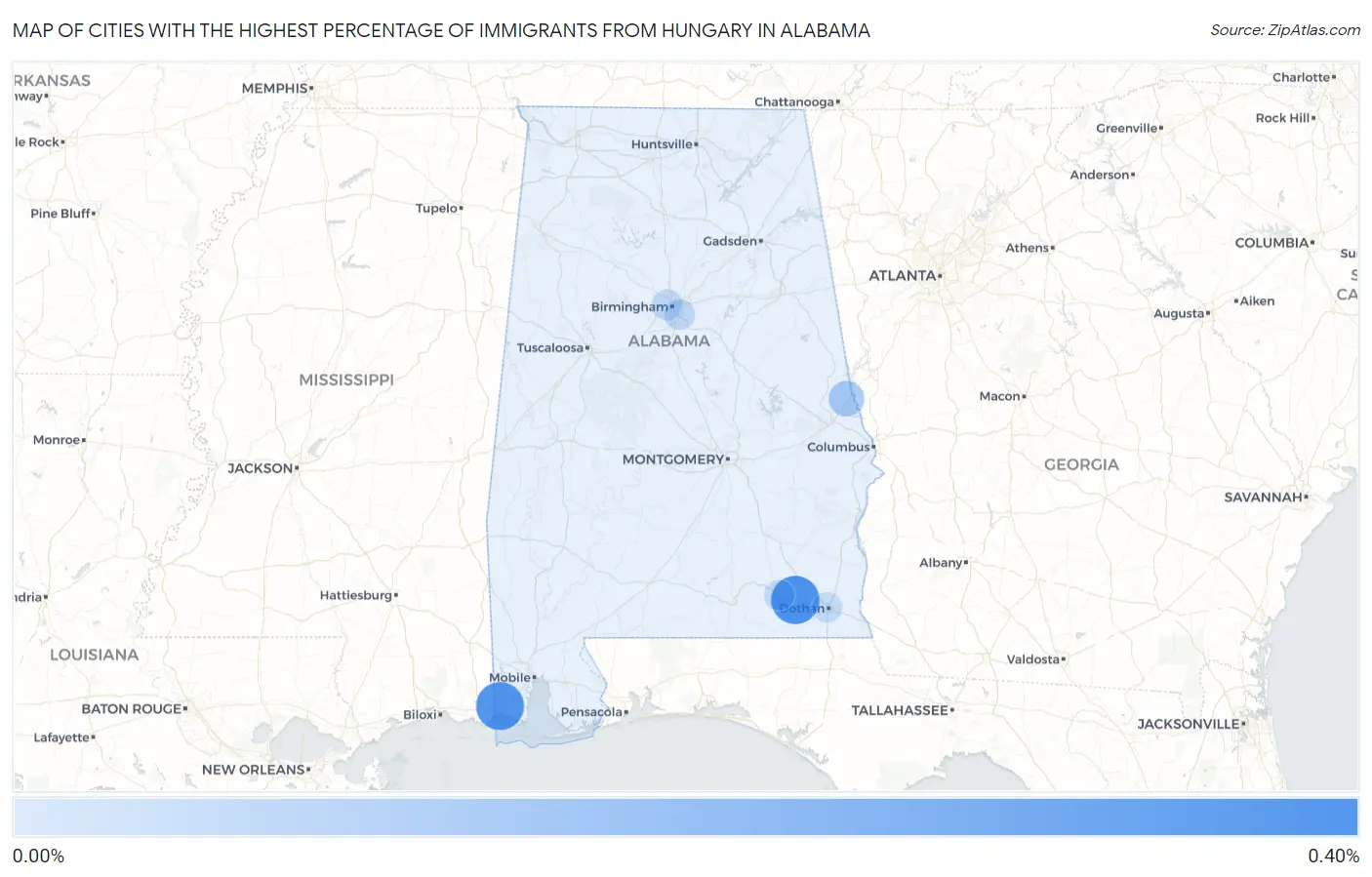 Cities with the Highest Percentage of Immigrants from Hungary in Alabama Map