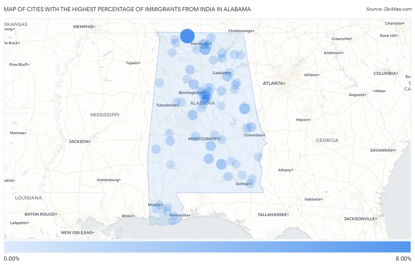 Cities with the Highest Percentage of Immigrants from India in Alabama Map