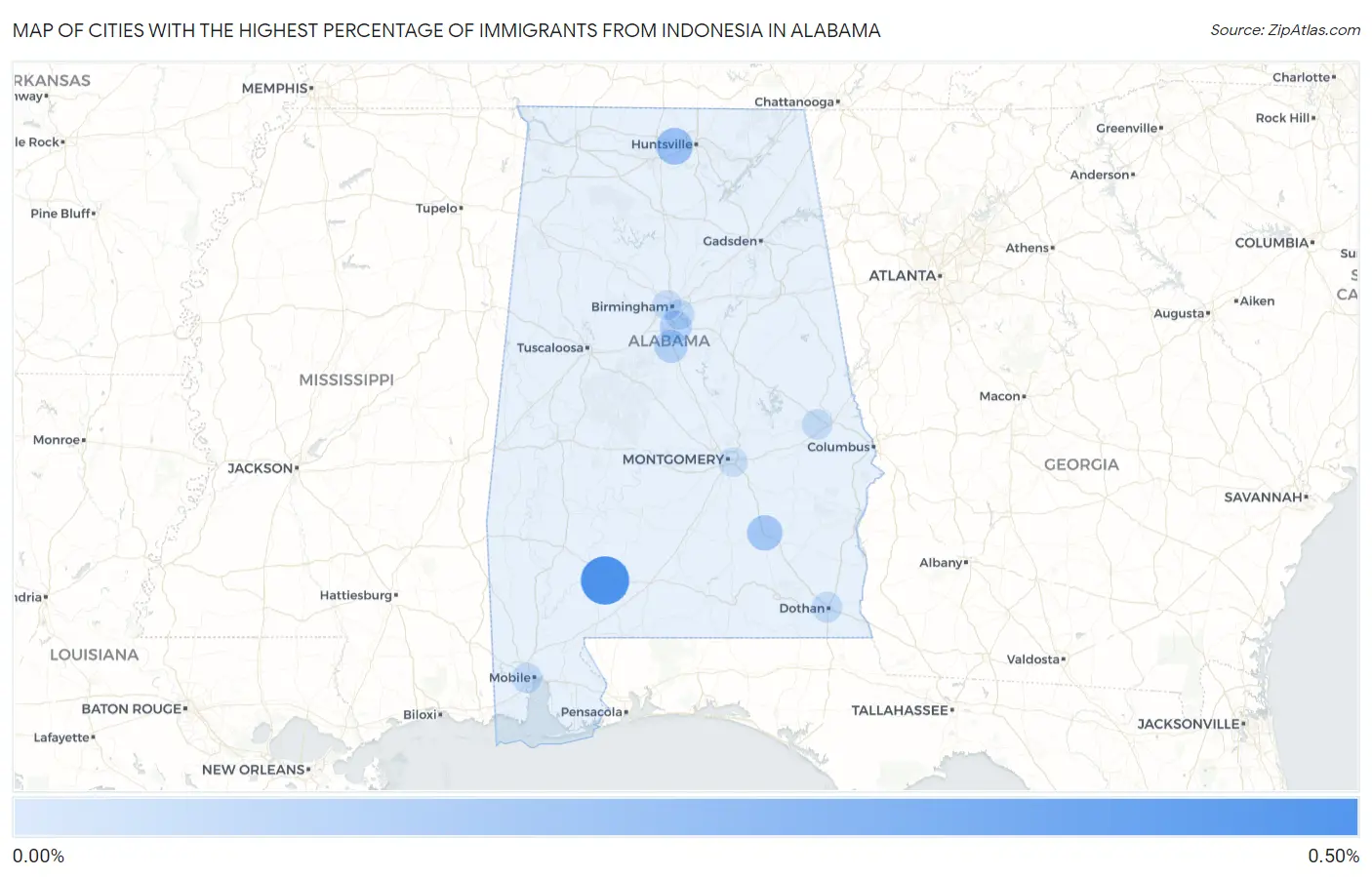 Cities with the Highest Percentage of Immigrants from Indonesia in Alabama Map