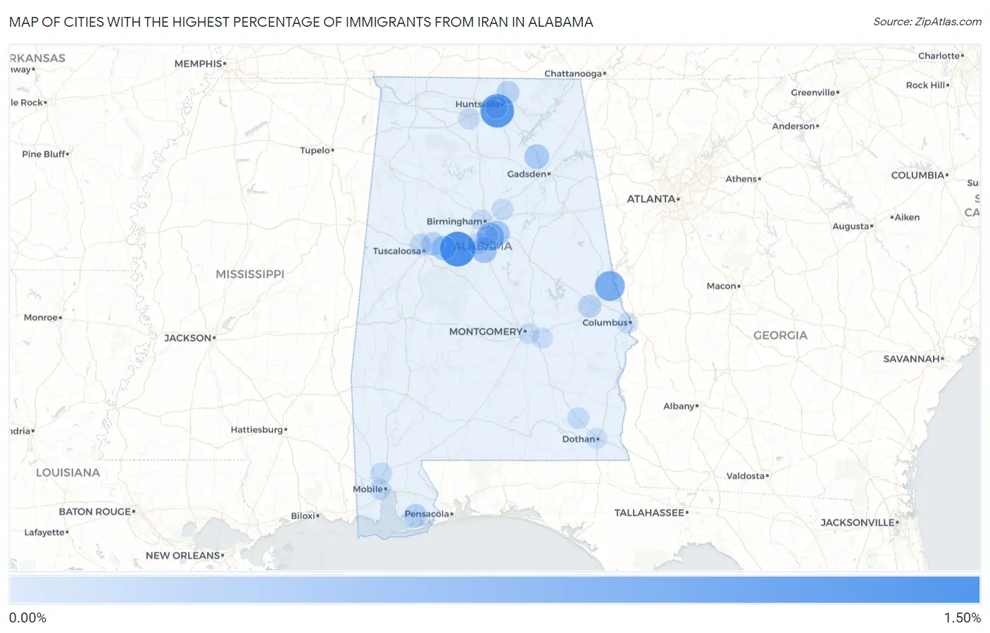 Cities with the Highest Percentage of Immigrants from Iran in Alabama Map