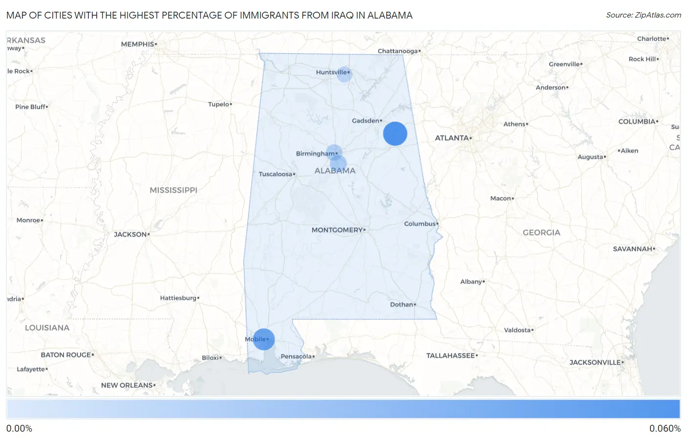 Cities with the Highest Percentage of Immigrants from Iraq in Alabama Map