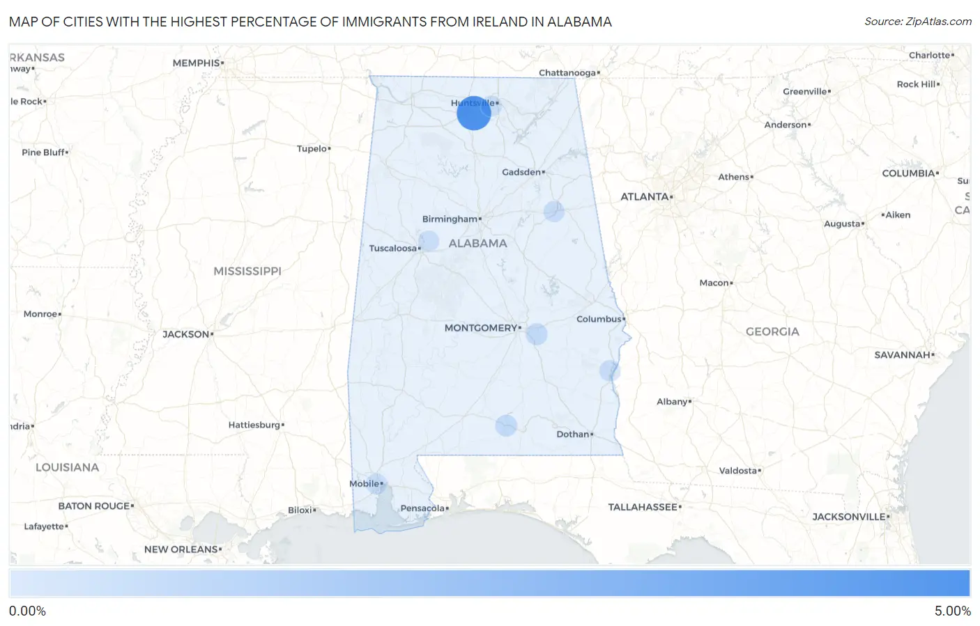Cities with the Highest Percentage of Immigrants from Ireland in Alabama Map