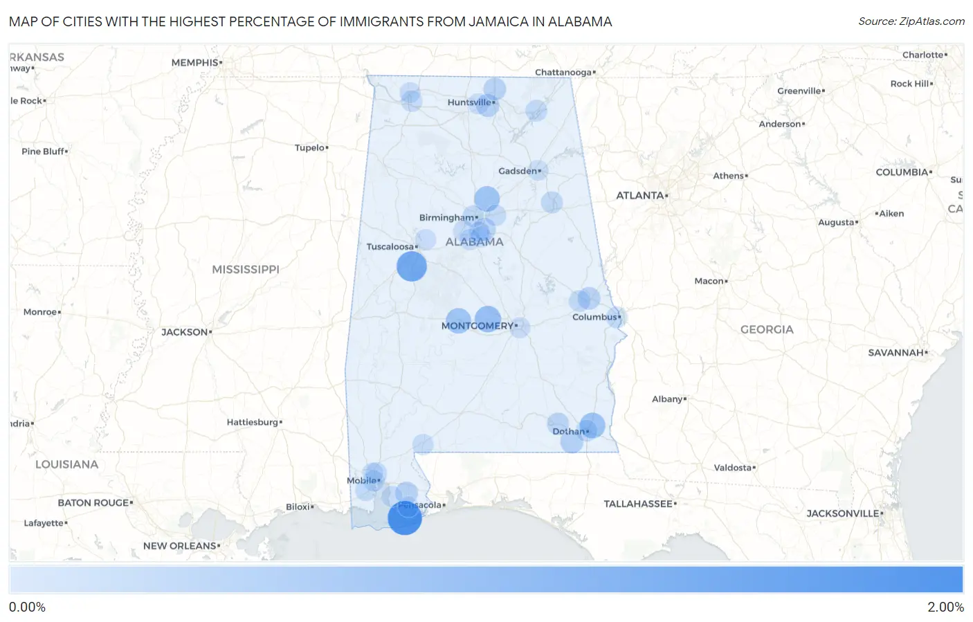 Cities with the Highest Percentage of Immigrants from Jamaica in Alabama Map