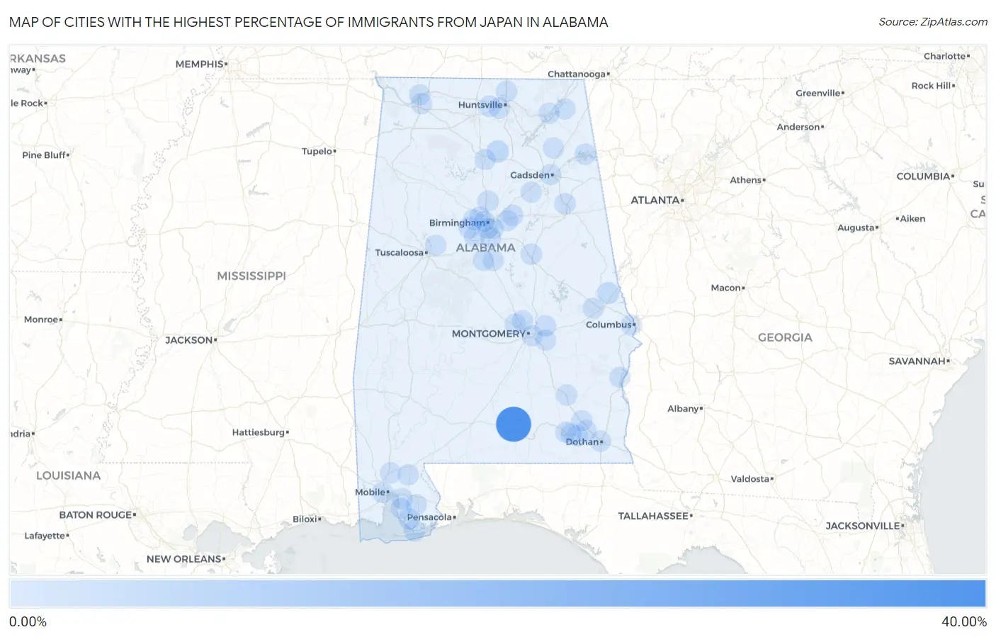 Cities with the Highest Percentage of Immigrants from Japan in Alabama Map