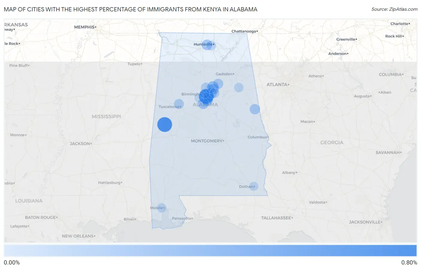 Cities with the Highest Percentage of Immigrants from Kenya in Alabama Map