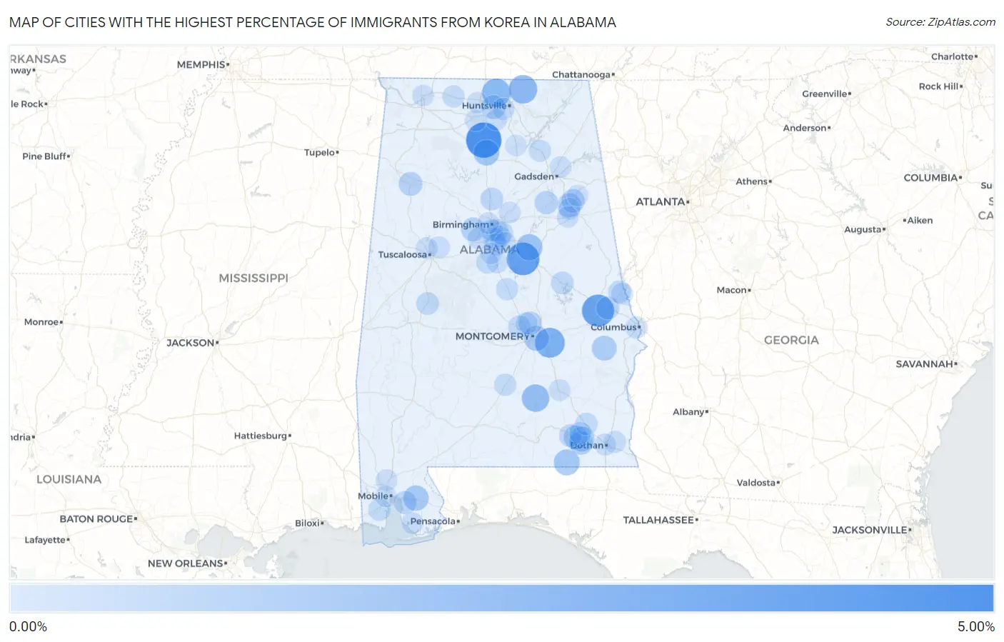 Cities with the Highest Percentage of Immigrants from Korea in Alabama Map