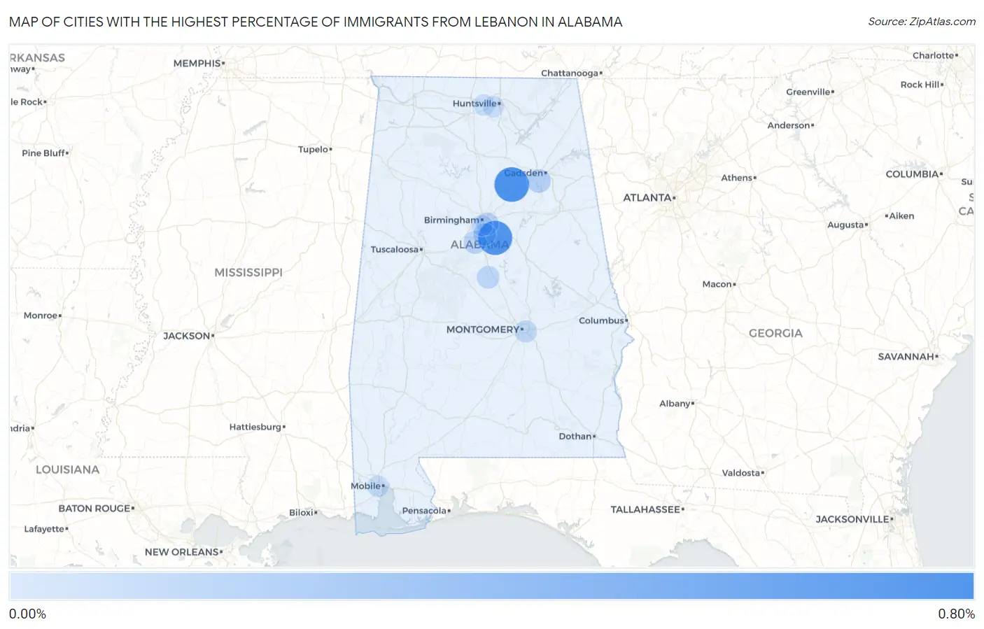 Cities with the Highest Percentage of Immigrants from Lebanon in Alabama Map