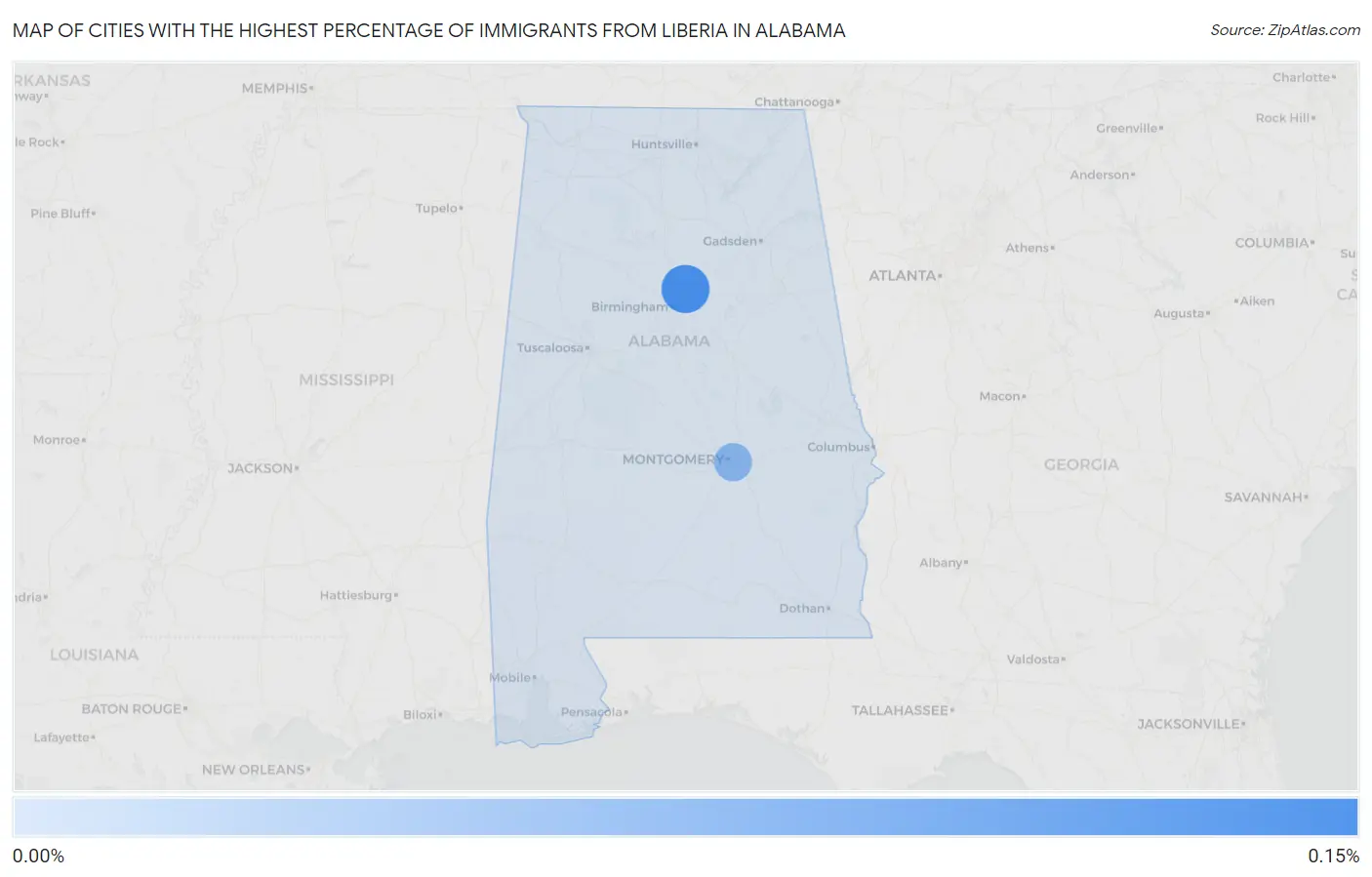 Cities with the Highest Percentage of Immigrants from Liberia in Alabama Map