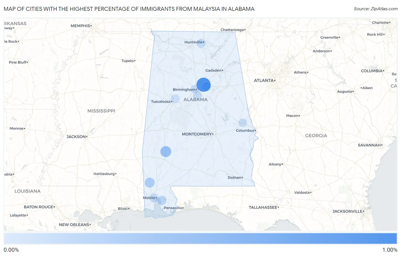 Cities with the Highest Percentage of Immigrants from Malaysia in Alabama Map