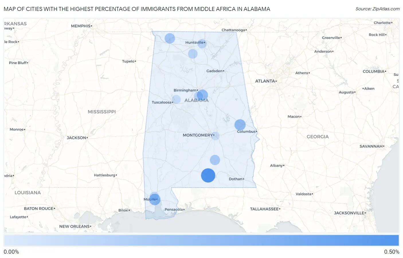 Cities with the Highest Percentage of Immigrants from Middle Africa in Alabama Map
