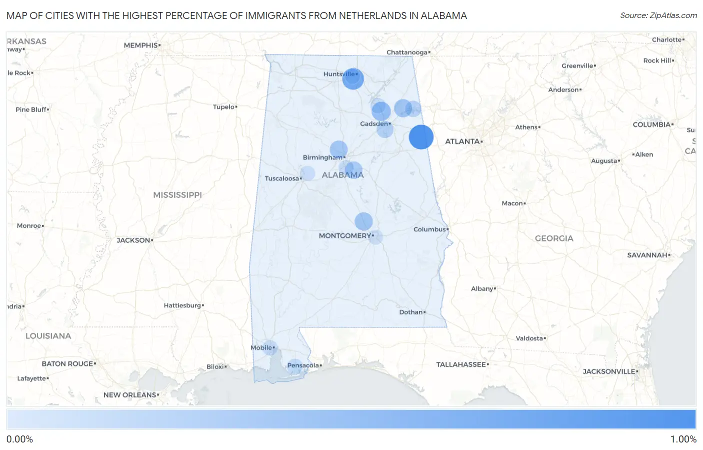 Cities with the Highest Percentage of Immigrants from Netherlands in Alabama Map