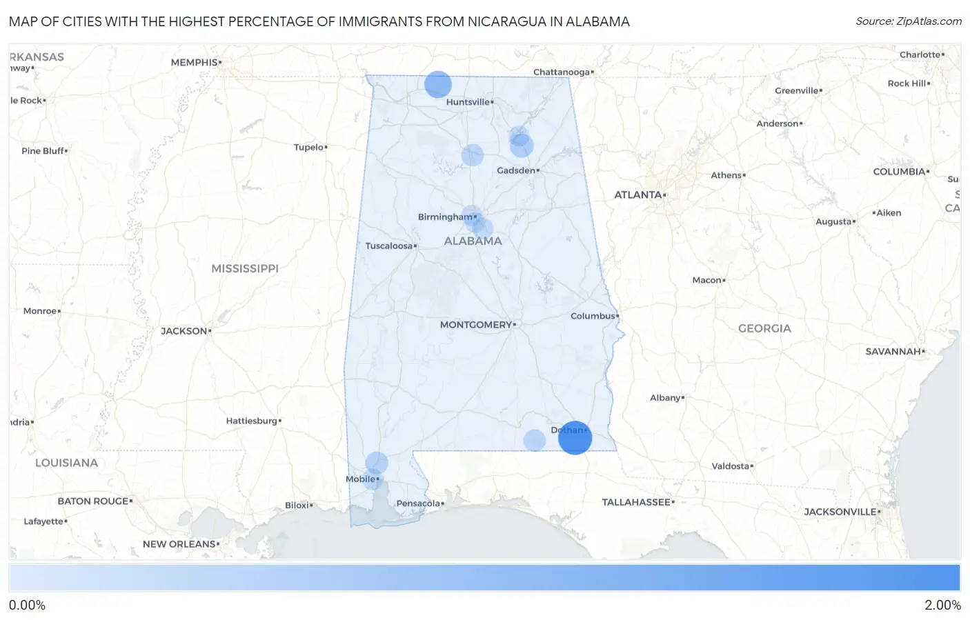Cities with the Highest Percentage of Immigrants from Nicaragua in Alabama Map