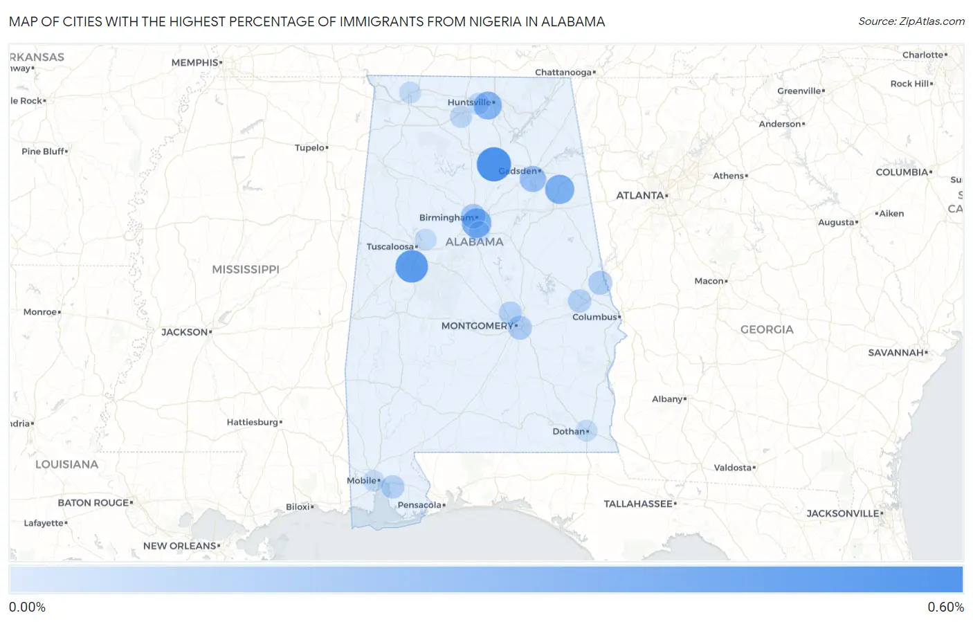 Cities with the Highest Percentage of Immigrants from Nigeria in Alabama Map