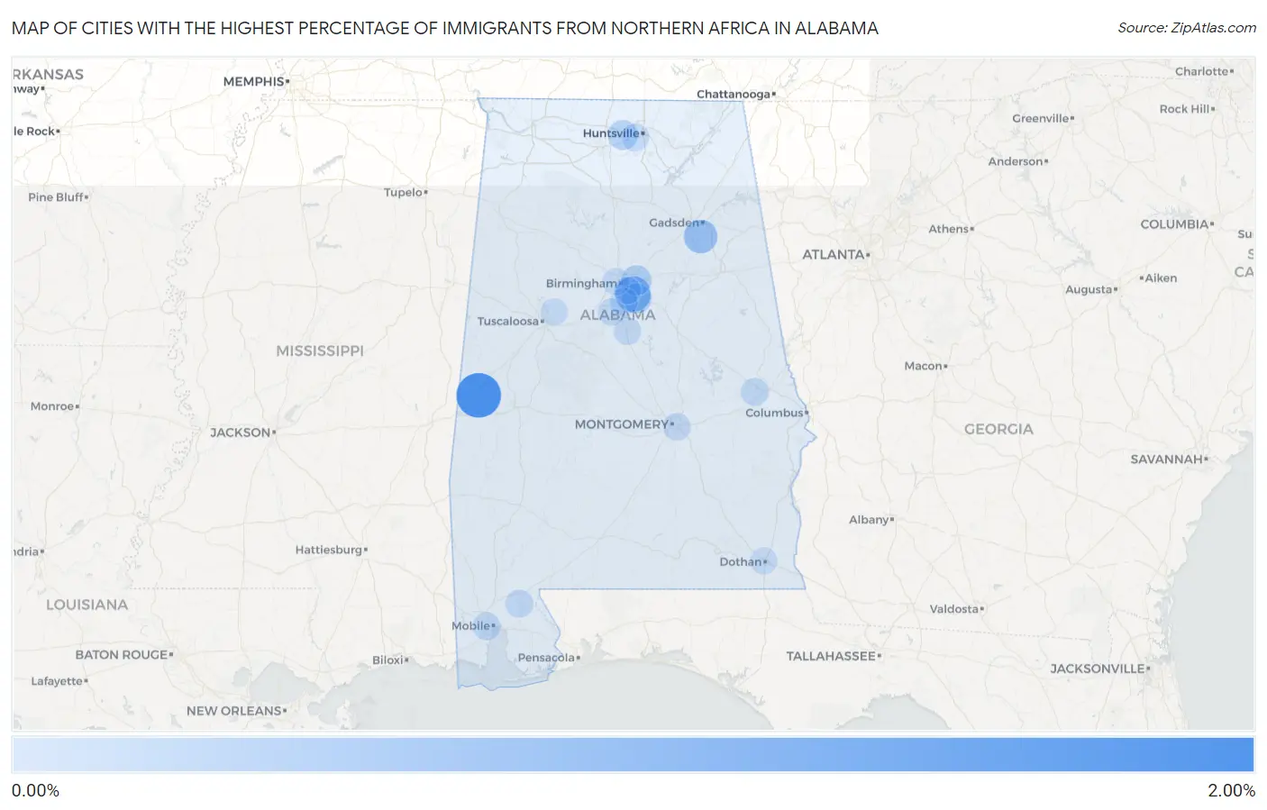 Cities with the Highest Percentage of Immigrants from Northern Africa in Alabama Map