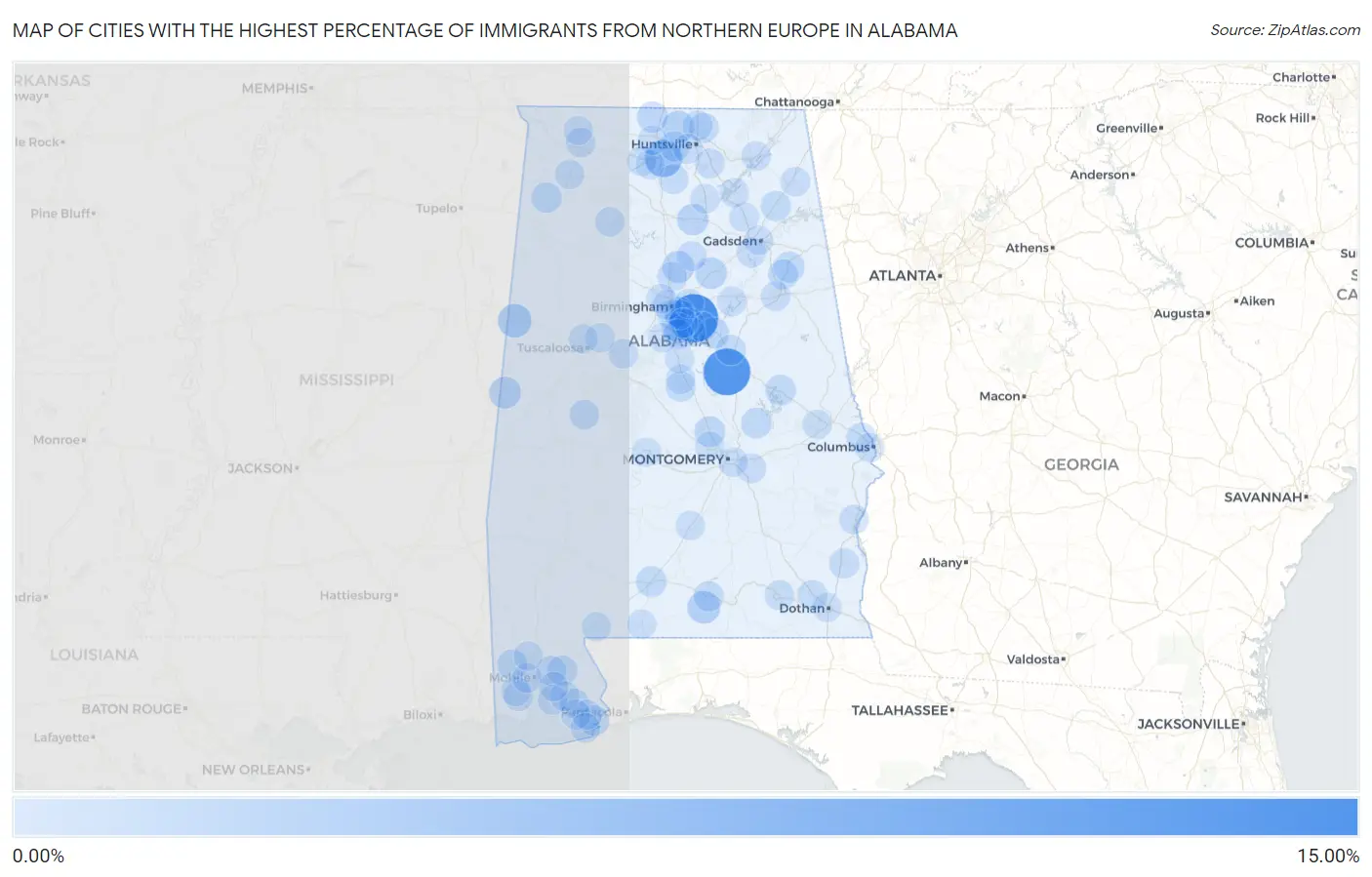 Cities with the Highest Percentage of Immigrants from Northern Europe in Alabama Map