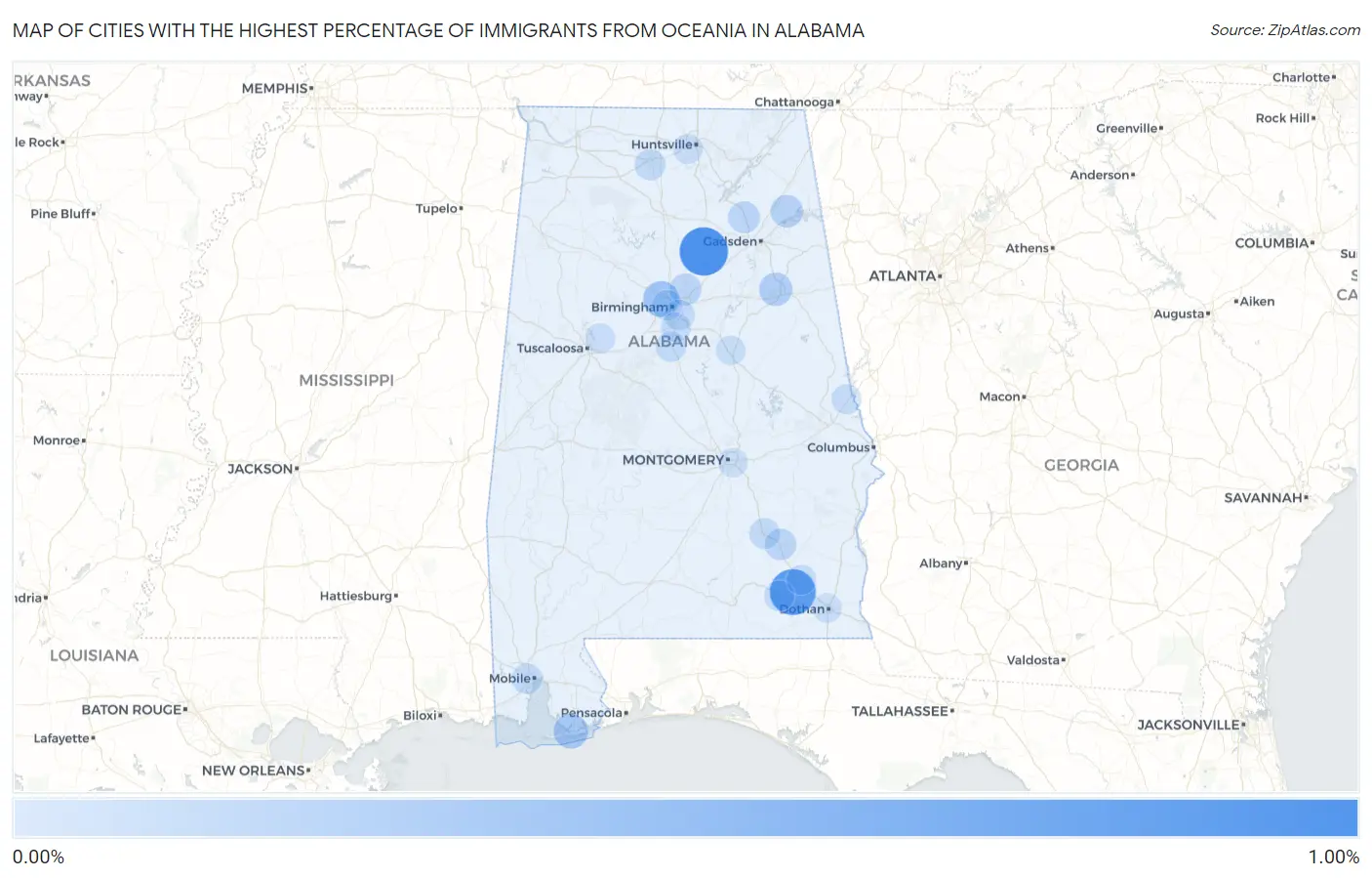 Cities with the Highest Percentage of Immigrants from Oceania in Alabama Map