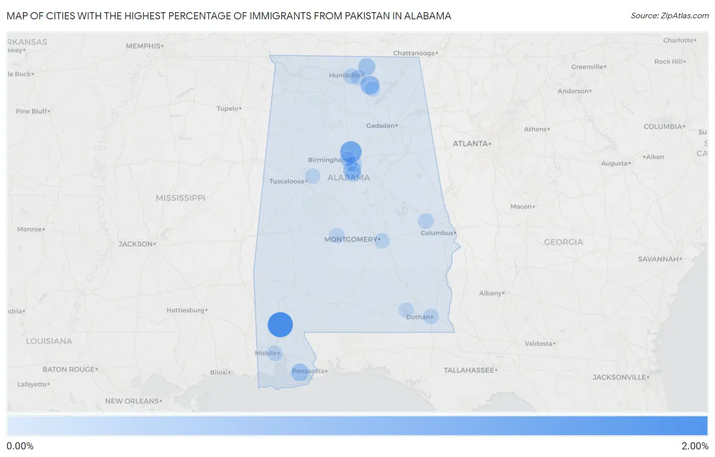 Cities with the Highest Percentage of Immigrants from Pakistan in Alabama Map