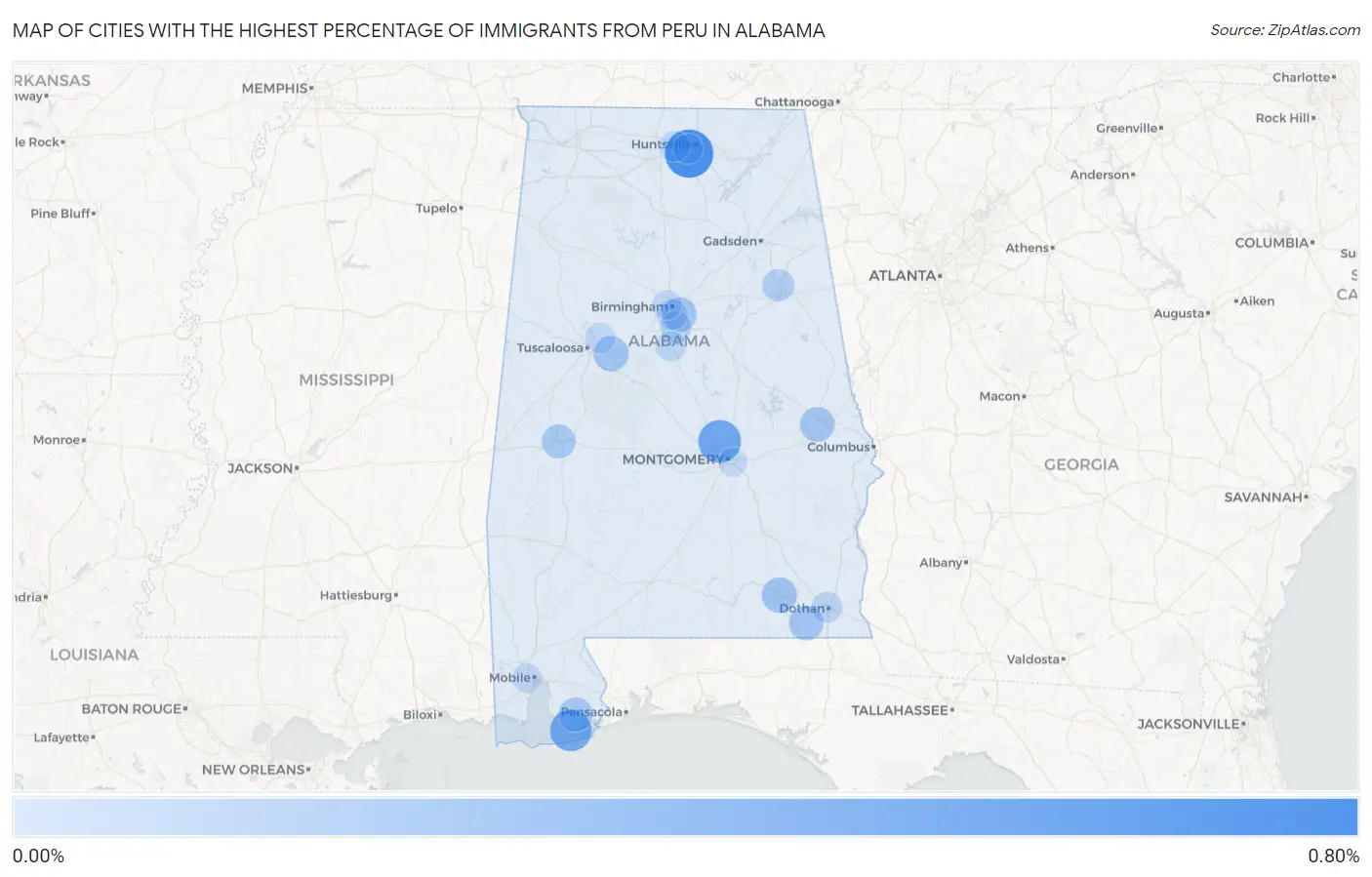 Cities with the Highest Percentage of Immigrants from Peru in Alabama Map