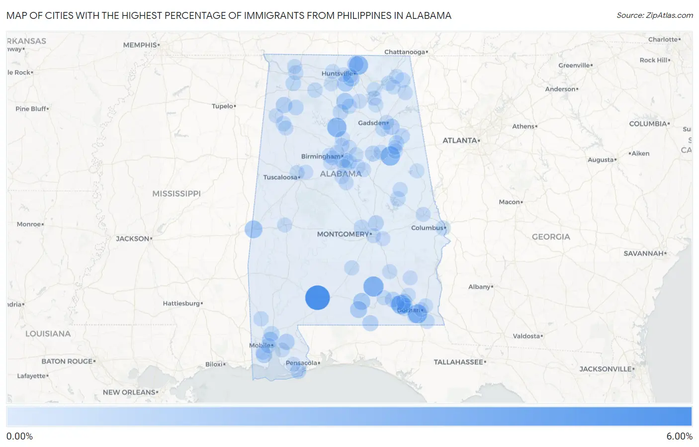 Cities with the Highest Percentage of Immigrants from Philippines in Alabama Map