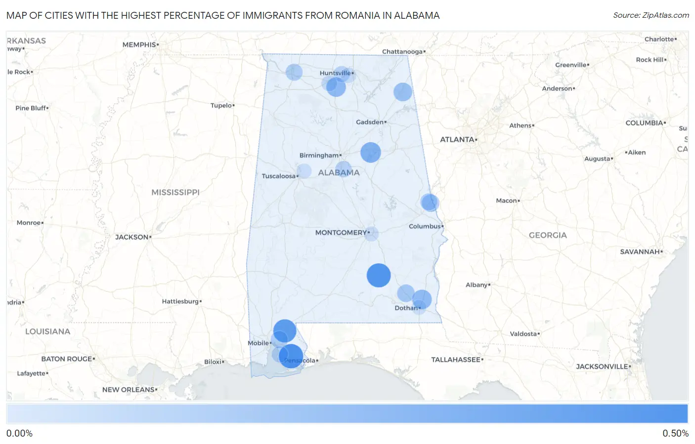 Cities with the Highest Percentage of Immigrants from Romania in Alabama Map
