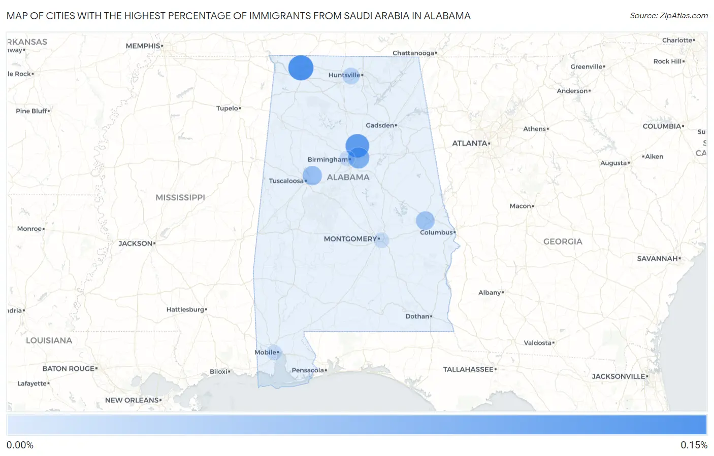 Cities with the Highest Percentage of Immigrants from Saudi Arabia in Alabama Map