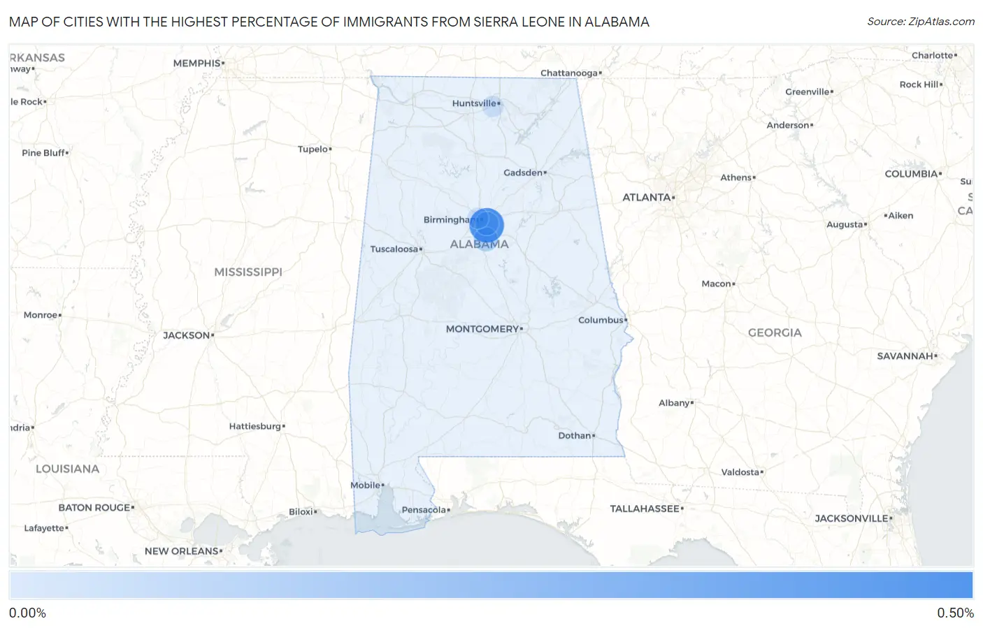 Cities with the Highest Percentage of Immigrants from Sierra Leone in Alabama Map
