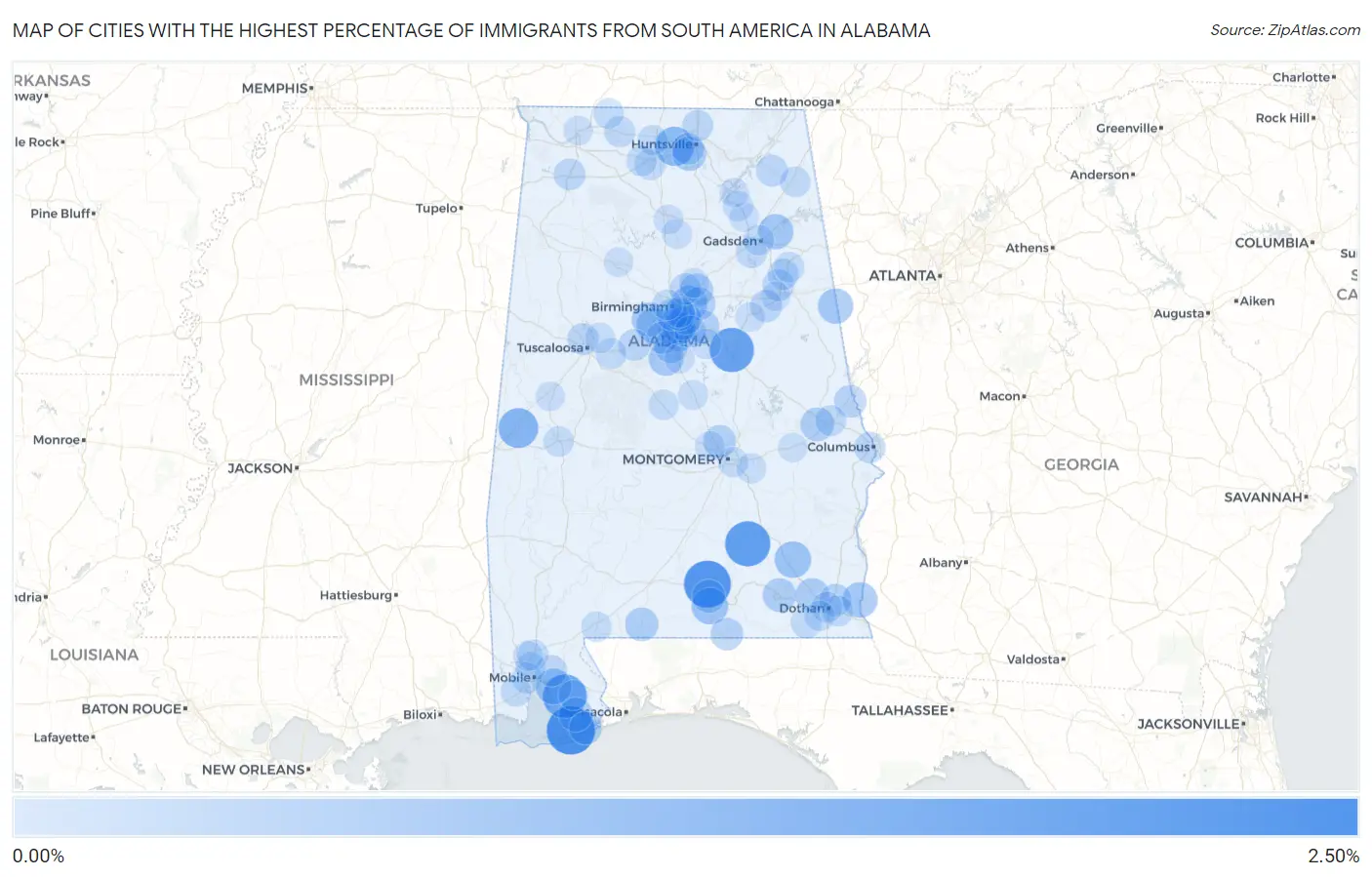 Cities with the Highest Percentage of Immigrants from South America in Alabama Map