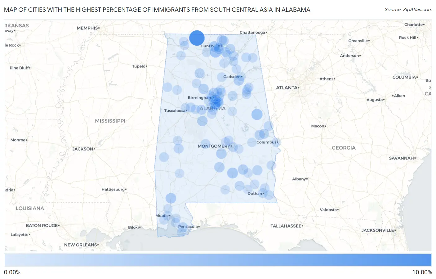 Cities with the Highest Percentage of Immigrants from South Central Asia in Alabama Map