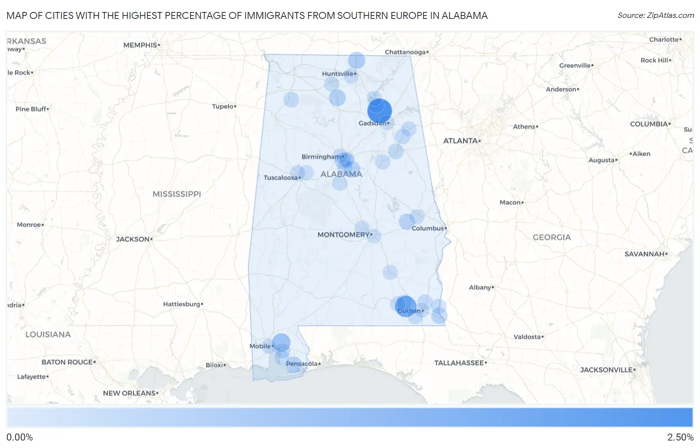 Cities with the Highest Percentage of Immigrants from Southern Europe in Alabama Map