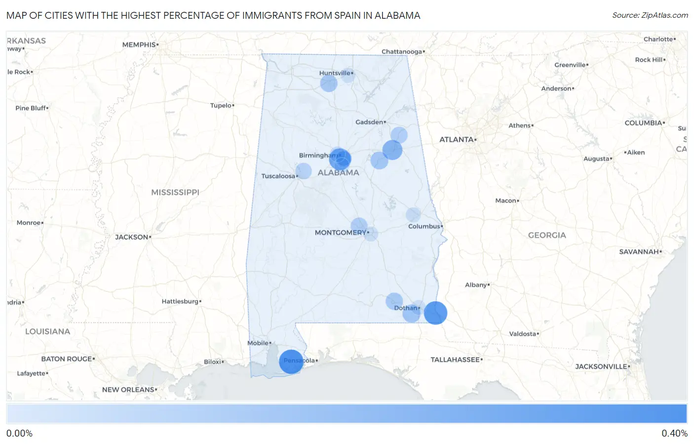 Cities with the Highest Percentage of Immigrants from Spain in Alabama Map