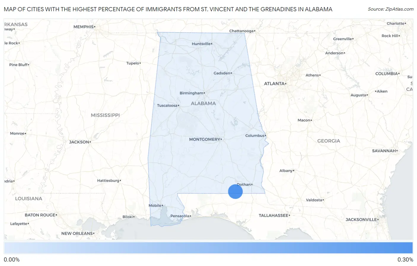 Cities with the Highest Percentage of Immigrants from St. Vincent and the Grenadines in Alabama Map